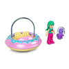 Polly Pocket Collectible Micro Mini Metal Vehicle, Poseable Doll and Pet Set - Polly's Friend Doll with Donut Theme UFO and Purple Puppy (with Space