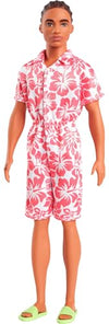 Barbie Fashionistas Ken Doll #235 with Braided Brown Hair, Wearing Coral Jumpsuit with Hawaiian Print and Green Sandals