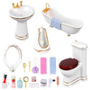 HCEWSBFD 1:12 Dollhouse Miniature Porcelain Bathroom Set 5Pcs White Ceramic Toilet Basin Bathtub Mirror Miniature Furniture with 15Pcs Doll