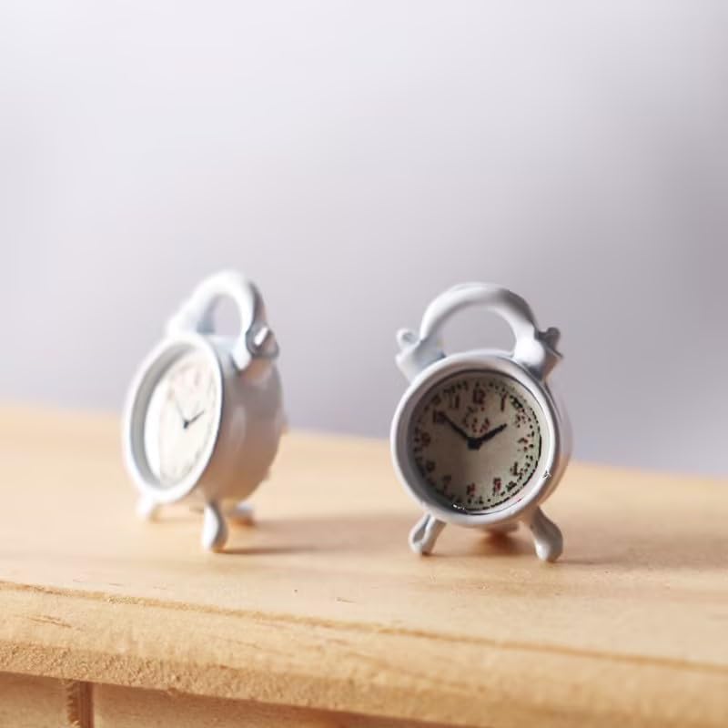 Miniature Alarm Clock 1/12 Scale, Tiny Silver Decor for Dollhouse, Diorama Props, Model Displays and Miniature Room Accessories (0.4x0.6 Inch)