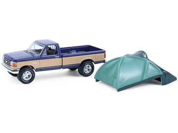 1987 F 150 XLT Lariat Pickup Truck Dark Blue and Tan with Modern Truck Bed Tent The Great Outdoors Series 4 1/64 Diecast Model Car by Greenlight