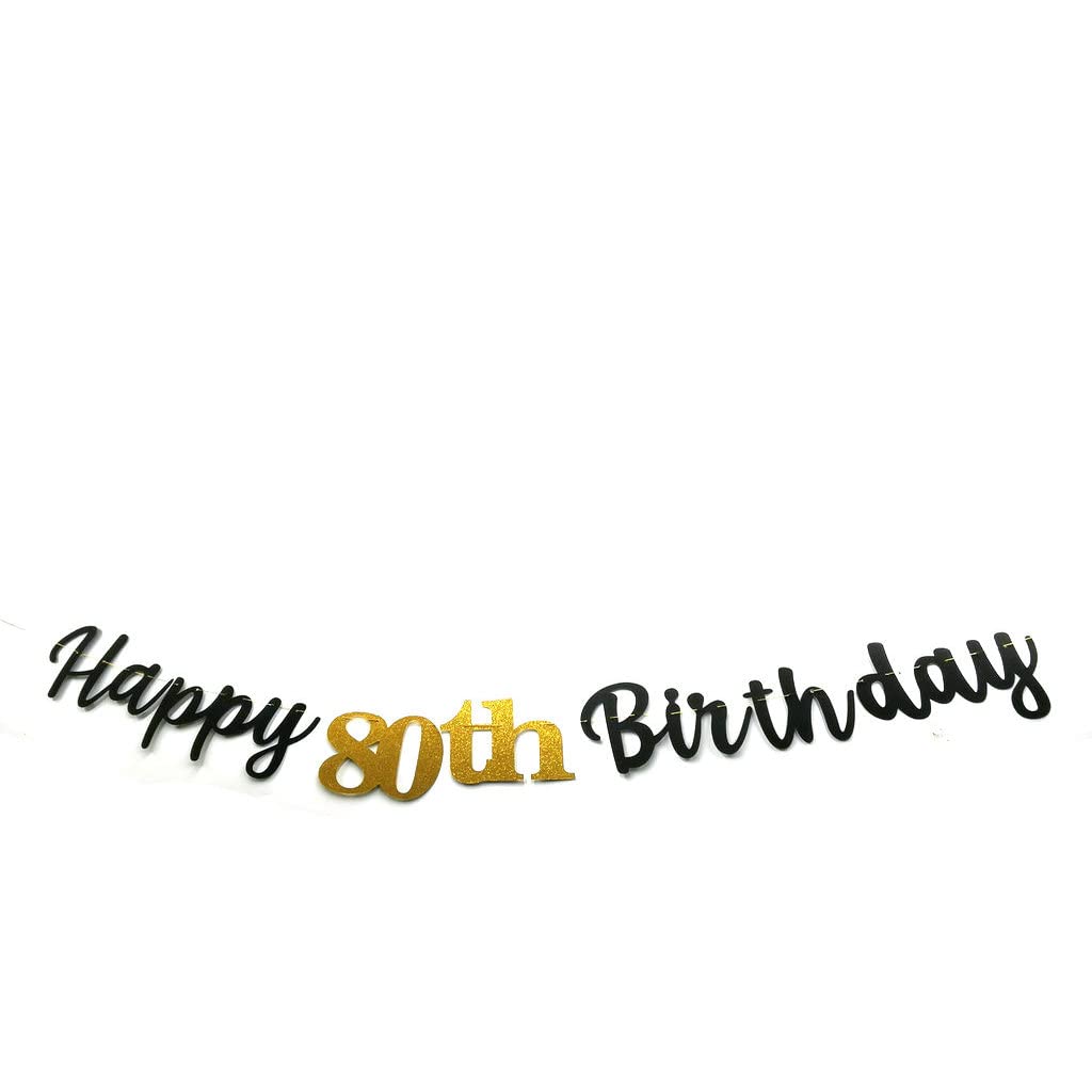 Double Sized Glitter Paper Black Happy 80th Birthday Banner Sign No DIY Gold Glitter 80 Years Birthday Party Decorations Supplies Anniversary