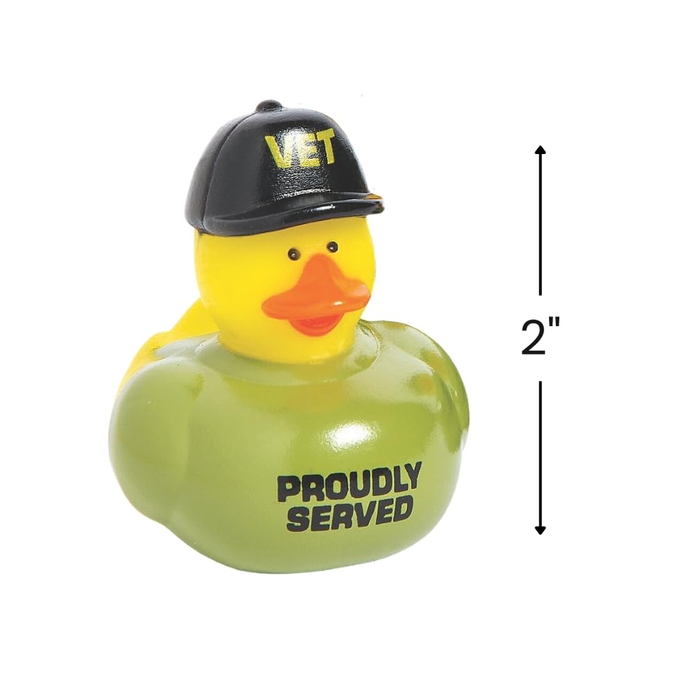 Fun Express - 2" Veteran Rubber Ducks in Green T-Shirts and Black Caps - Perfect for Tiki Parties, Car Decor, and Fun Luau Favors - 12 Pieces