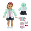 18 Inch Doll Swimsuit Set 7 Piece Beach Surfer Outfit - Emily Rose Rash Guard Denim Shorts Sunglasses Sandals - Doll NOT Included - Fits American Girl