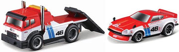 Muscle Machines Flatbed Truck #46 Red and White with Blue Stripes and 1972 240Z #46 Red and White with Blue Stripes Muscle Transports Series 1/64