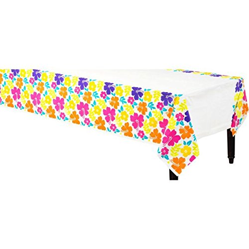 White Plastic Table Covers, 54" x 96" (1 Pc.) - Stunning Hibiscus Design, Perfct for Tropical Events, Parties, & More