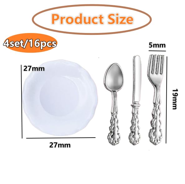 4Sets Kitchen & Dining Theme Miniature Dish Set - 1:12 Scale Plates,Spoons,Knife & Fork,Realistic Porcelain Tableware for Dollhouse,Miniature Dinner