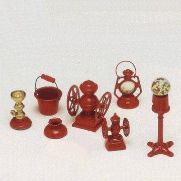 Miniature Red Metal Dollhouse Collection. Lantern, Gumball Machine, Bucket, Candlestick. Coffee Grinder. Set of 6 Shadowbox