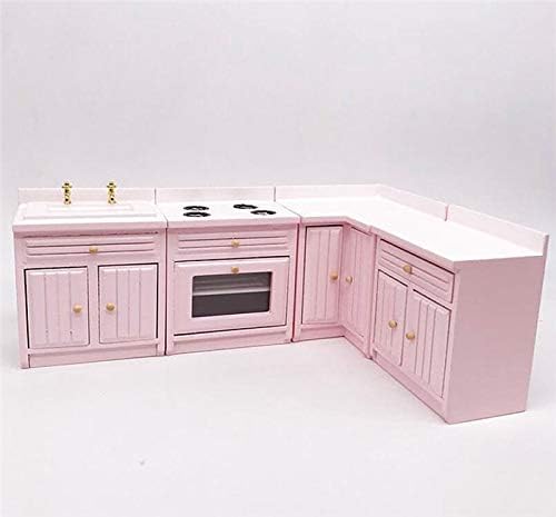 EatingBiting 1:12 Dollhouse Miniature Furniture Kitchen Wooden Pink Combination Cabinet Sink Counters 1/12 Scale Dollhouse Miniature Furniture Deluxe