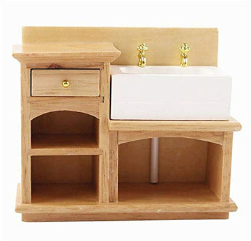 EatingBiting MINI House Bathroom Kitchen Decor Sink 1/12 Wooden Wash Basin Cabinet with Ceramic Hand Sink for Bathroom Kitchen Decoration Accessories