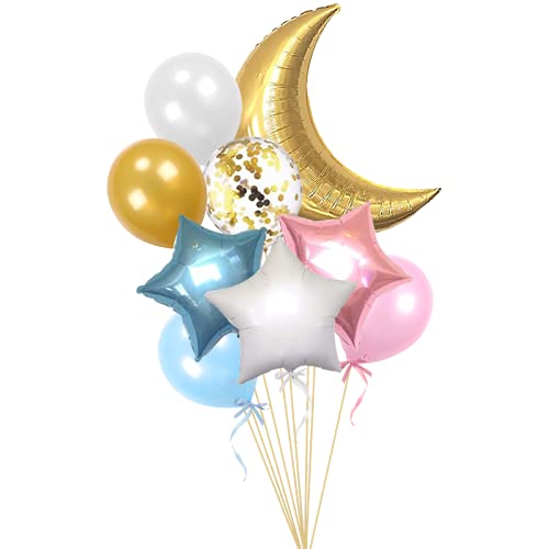 34 PCS Twinkle Little Star Baby Shower Birthday Party Decoration,Moon and Star Mylar Balloons for Gender Reveal Party,Blue Pink White Gold Confetti