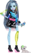 Monster High Doll, Frankie Stein in Cropped Sweater and Black Pleather Skirt with Pet Dog Watzie and 7 Accessories Like Earphones, Belt Bag and Snacks