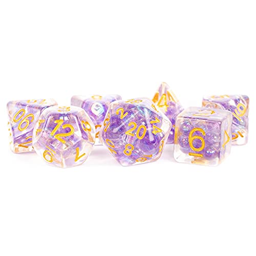 Purple Pearl Resin Dice with Gold Colored Numbers 16mm (5/8in) 7 Dice Set