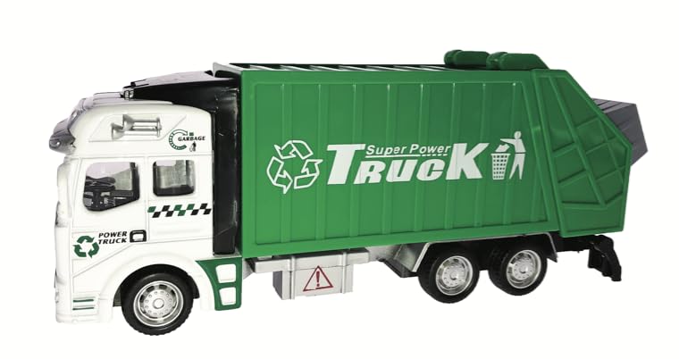 Playmaker Toys Die Cast Metal Garbage Truck, 8 Inch, Green and White, Pull Back Action