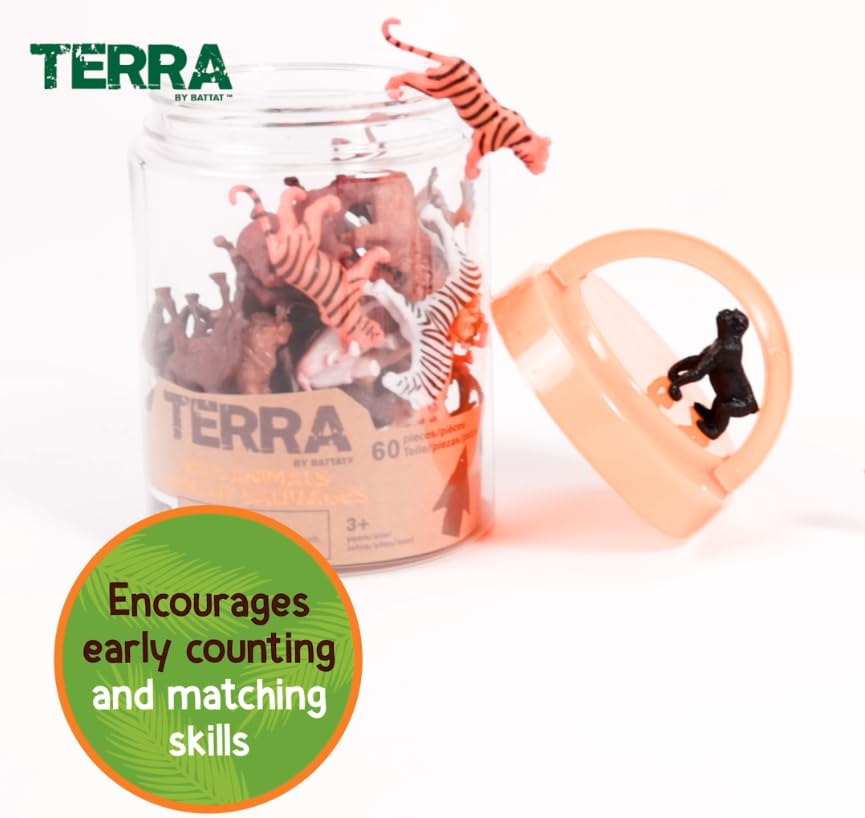 Terra by Battat - 60 Pieces Wild Creatures Tube - Realistic Mini Animal Figurines - Lion, Hippo, Tiger, Bear & More Safari Animals - Educational Toys