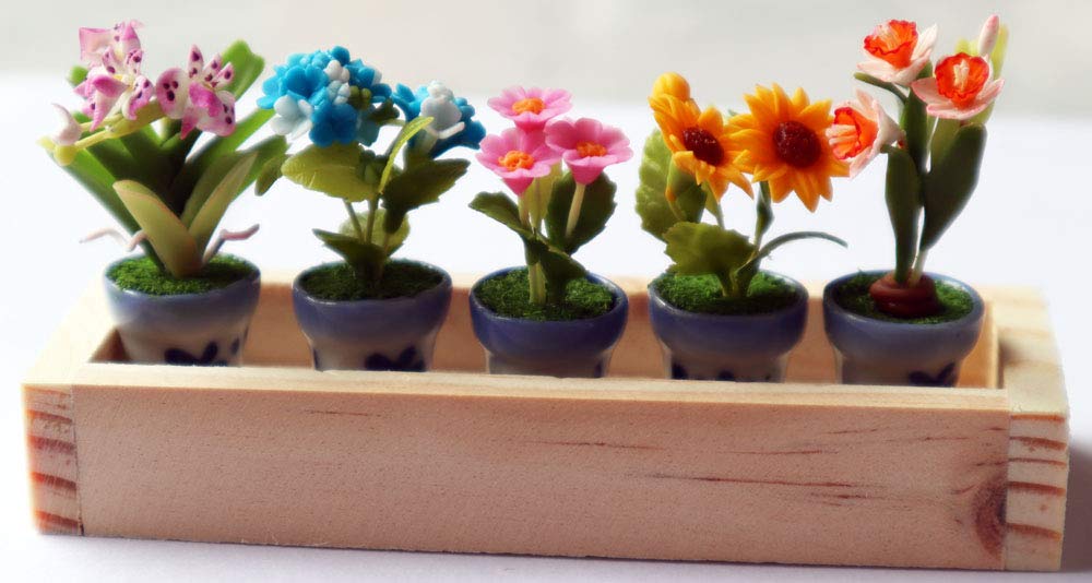 ThaiHonest Set 5 Assorted Dollhouse Miniature Flowers,Tiny Flowers in Ceramic Pot with Planter Box, Dollhouse Accessories for Collectibles