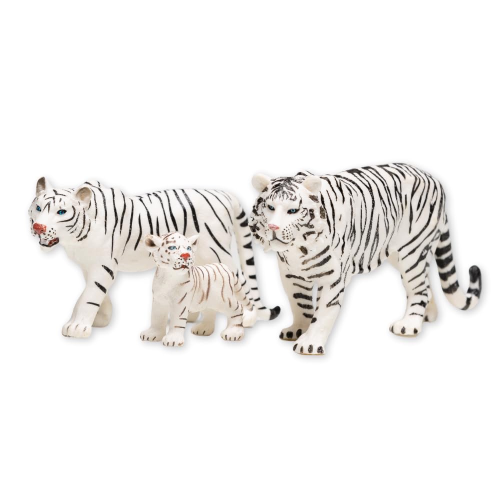 ZAGA Toys White Bengal Tigers and Cub | 3-Piece Hand-Painted Wildlife Figurine Set | Realistic White Tigers Displays Winter Décor and Collectible