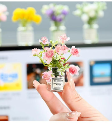 2PCS Mini Smell The Fragrant Rabbit & Pink Peach Blossom Flower Vase Ornaments - Handmade Resin Miniature Vases for Dollhouse, Fairy Garden, Micro