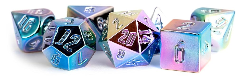 FanRoll - Rainbow Aegis Uninked: 16mm Aluminum Plated Acrylic, 7-Piece Polyhedral Metal Dice Set for Dungeons and Dragons and Other Tabletop Role