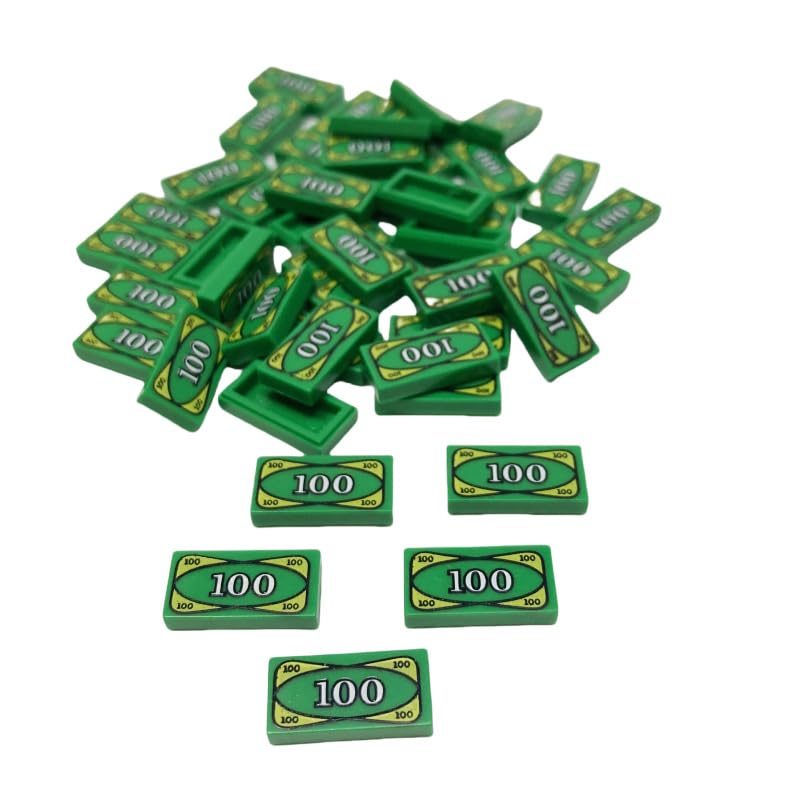 100 Pcs Tiles 1x2 with 100 Dollar Bill Money Print Green, Bulk Tile Money Accessories for Building, Compatible with Lego Parts and Pieces, Great Toy
