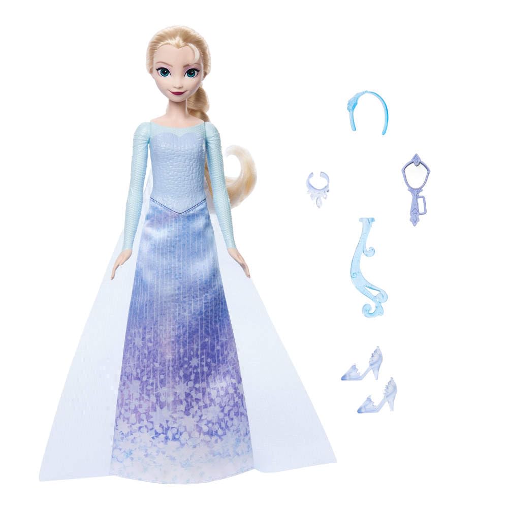 Mattel Disney Frozen Elsa Fashion Doll Set, Spin & Reveal with 11 Surprises Including 5 Accessories, 5 Stickers & Play Scene, Inspired by Disney Movie