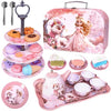 Unicorn Tea Party Set for Girls, Pretend Play Toy with Pink Tin Teapot, 4 Cups & Plates, Portable Carrying Case, Educational Gift for Toddlers Ages 3
