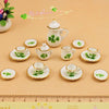 1/12 Dollhouse Miniatures Tea Coffee Set Pot Cup Doll House Porcelain Set; Green Leaf; Pot H: 1 1/3"