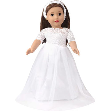 Little Angel - 18 Inch Doll Clothes: White Satin Communion / Wedding Dress with Matching Headband - Fits 18 Inch Doll