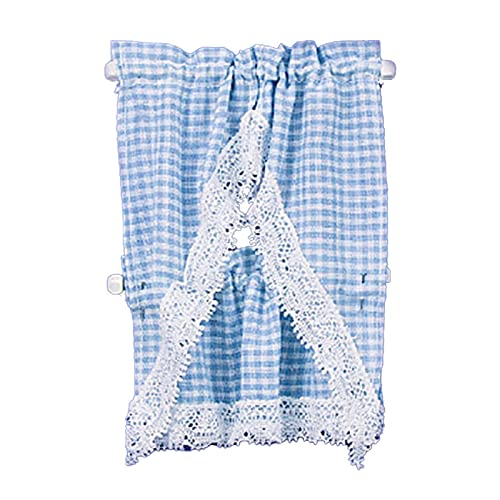 Melody Jane Dollhouse Blue Gingham Kitchen Curtains & Valance on Rail Miniature Accessory