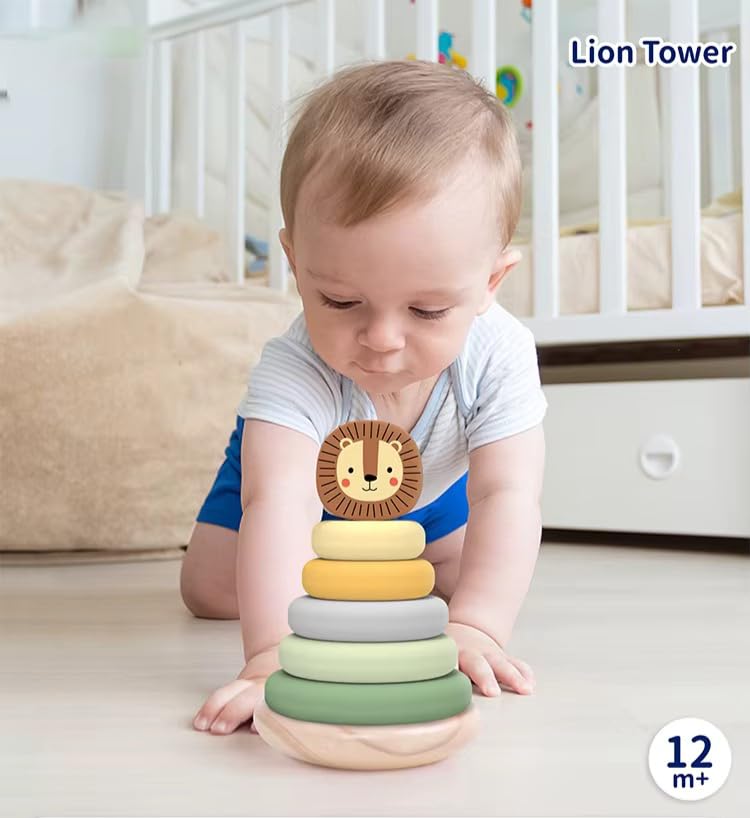 Miss OT Wooden Ring Stacker Toy for 1 Year Old - Montessori Toys for 1 Year Old Boy and Girl, Stacking Rings with Lion Topper, Baby Toy 12-18 Months