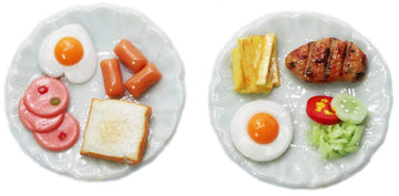 Miniature Food Plates Set of 2 - Hand-Sculpted Clay Bread, Sausage, Egg & Pork Steak on Ceramic Dishes - 1:6 Scale Dollhouse Accessories
