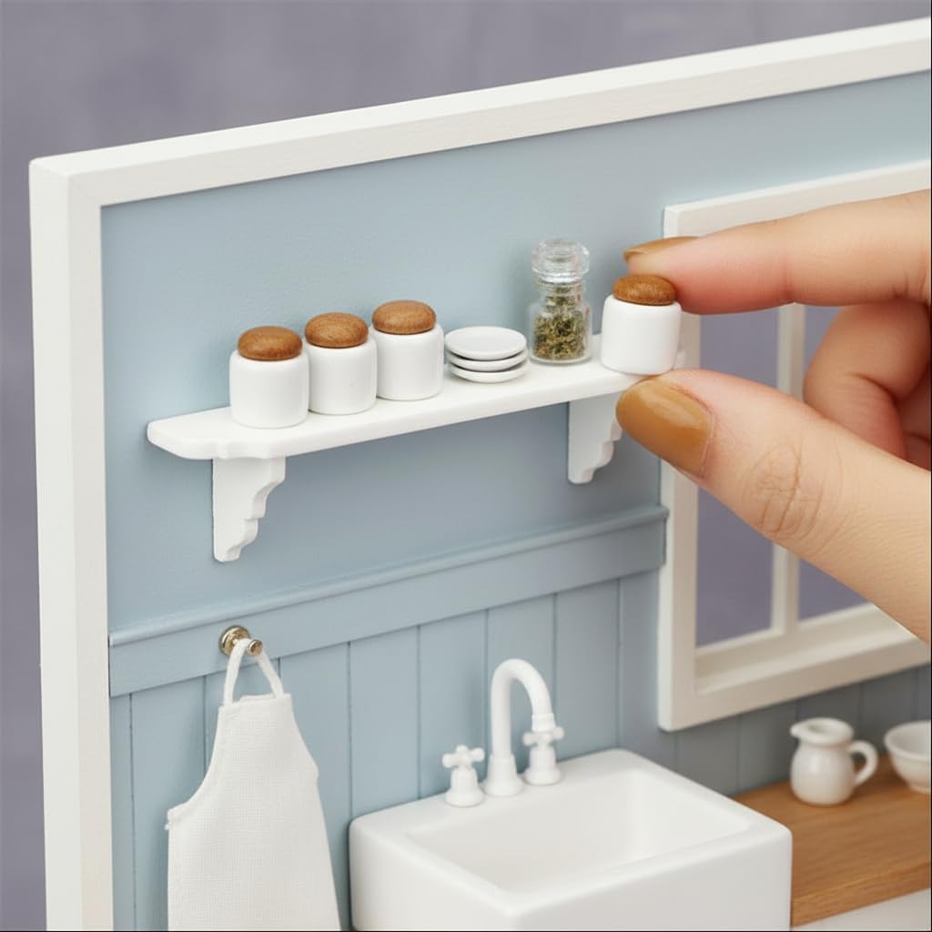 Calsgkspray Dollhouse Wall Shelf, 1:12 Scale Miniature Dollhouse Accessories, White Doll House Storage Wall Shelf for Kitchen Scene