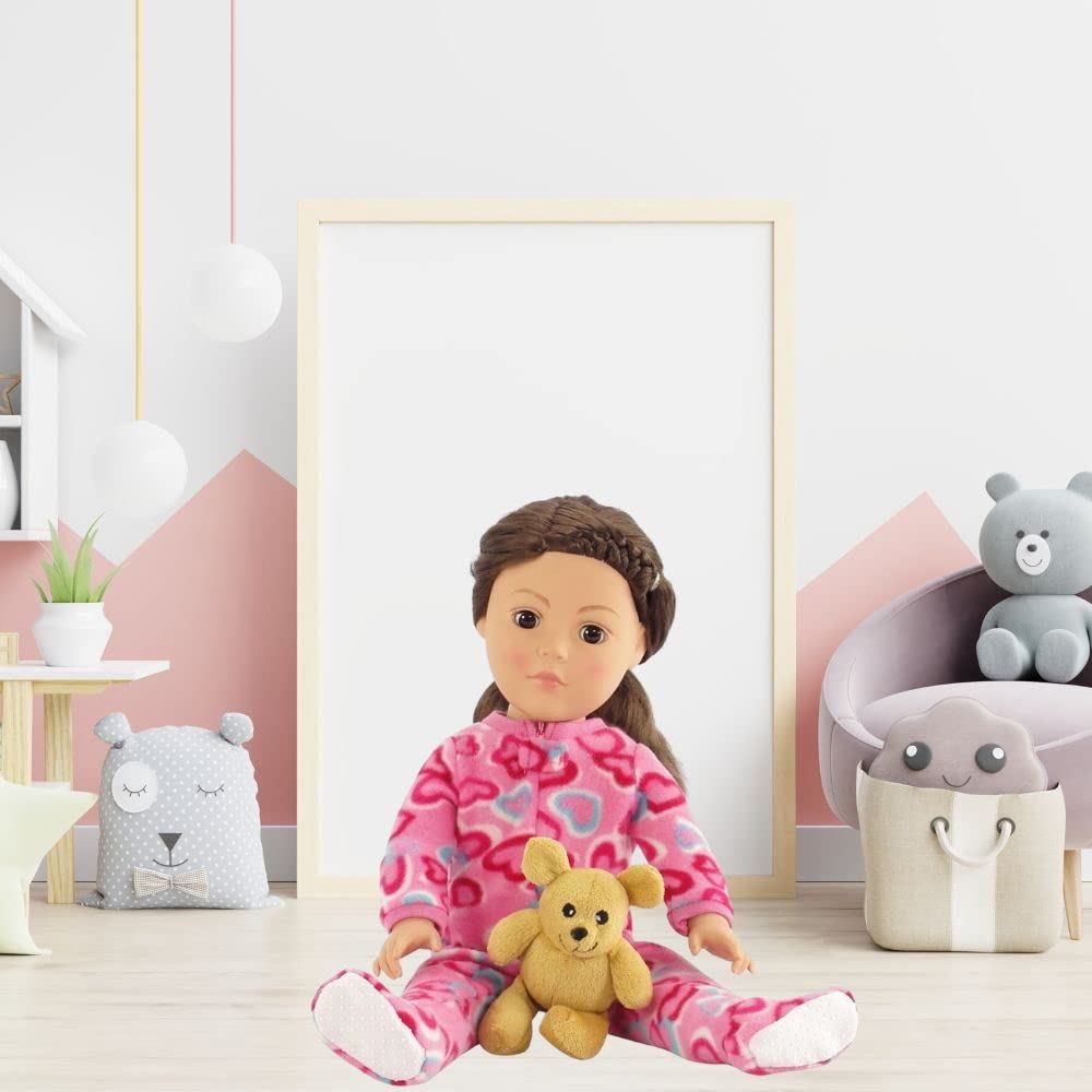 18 Inch Doll Pajamas Set Pink Heart Onesie PJ Outfit - Emily Rose Doll Sleeping Outfit with Teddy Bear Companion - Doll NOT Included - Fits American