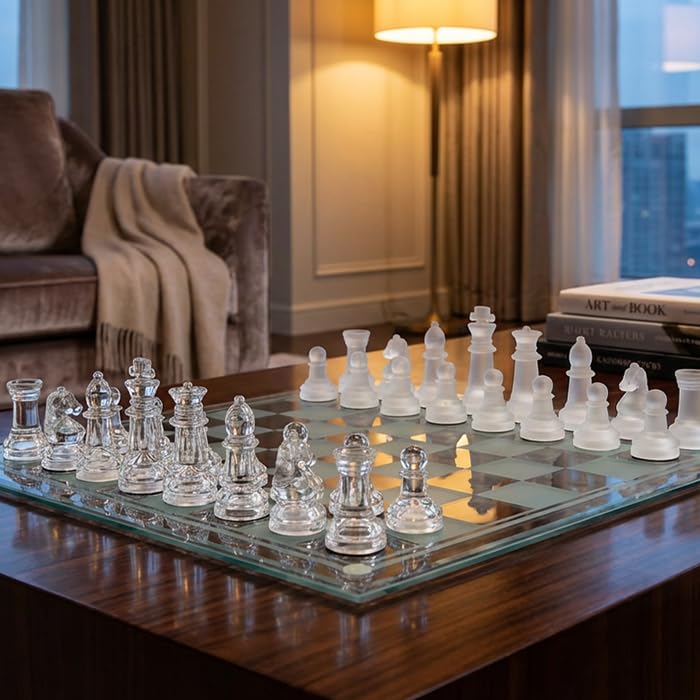 Elegant 10-Inch Glass Chess Set - Premium Quality Board Game for Adults, Ideal Gift for Chess Lovers & Stylish Home Decor