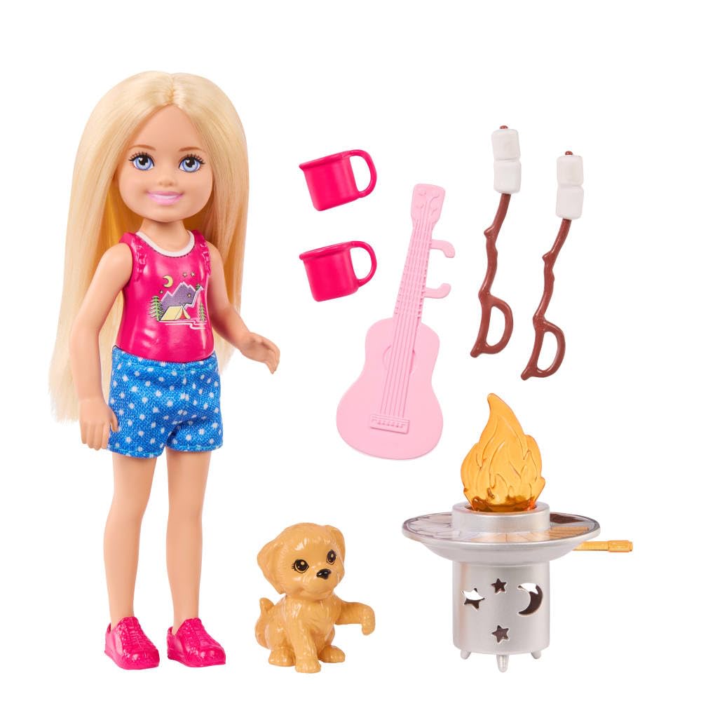 Barbie Chelsea Outdoor Adventures Playset, Family & Friends Set with Small Blonde Doll, Pet Puppy & 5+ Camping Accessories