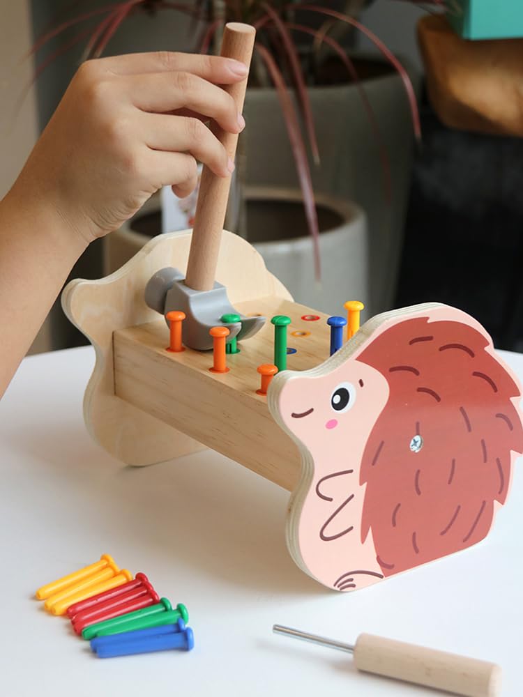 QZJVKBXY Wooden Hammer Pounding Bench Montessori STEM Toy for Toddler Early Development