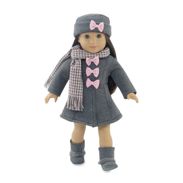 Emily Rose 18-inch Doll Clothes Grey and Pink 4 PC Winter Coat Outdoor Outfit, Includes Matching Hat, Boots and Scarf | Compatible with 18" American