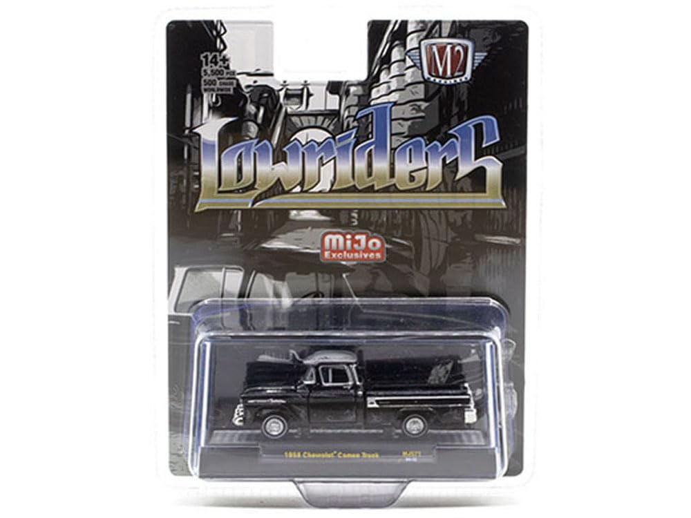 1958 Chevy Cameo Pickup Truck Black Metallic with Graphics and Gray Top Lowriders Limited Edition to 5500 Pieces Worldwide 1/64 Diecast Model Car by