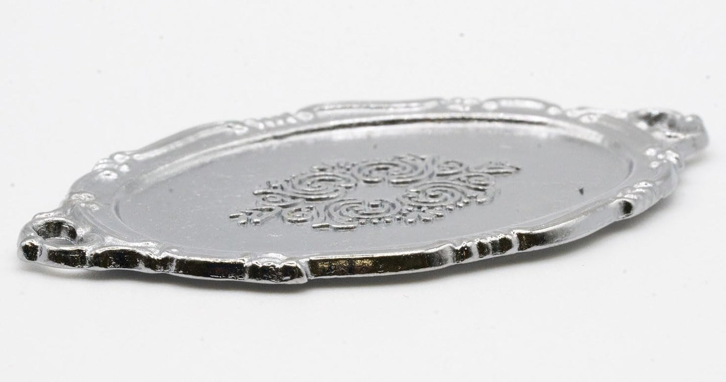 Dollhouse Miniature Silver Oval Serving Platter with Two Handles - Empty