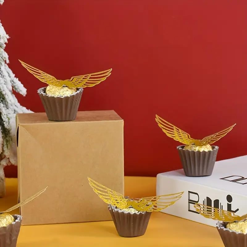 Qhinaster 103 Pcs Wizard Party Chocolate Decoration include 50Pcs Wings Wafer Cupcake Toppers 3 PCS Gold Goal Posts and 50Pcs Glue Point for Them