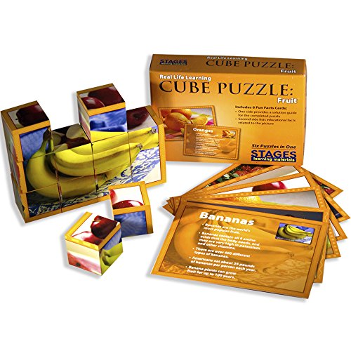 Stages Learning Real Picture Fruits Wooden Cube Language Builder Preschool Puzzle (12 Piece), Orange