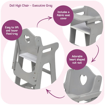 Badger Basket Executive Doll High Chair - Wooden Toy Chair with Liftable Tray, Fabric Seat Trim, and Realistic Design - Fits 18 Inch Dolls and More
