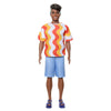 Barbie Fashionistas Ken Doll #220 with Behind-the-Ear Hearing Aids & Broad Body Wearing a Removable Orange Patterned Shirt, Shorts & Jelly Sandals