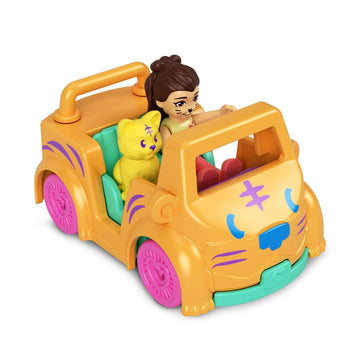Polly Pocket Collectible Micro Mini Metal Vehicle, Poseable Doll and Pet Set - Kerstie Kitty with Kitty Cat Orange Convertible Car and Yellow Kitten
