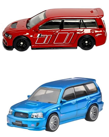 Hot Wheels Premium 2 Pack 2005 Mitsubishi Lancer Evolution IX Wagon / 2004 Subaru Forester STI Ride On Toy Mini Car Ages 3+ Red/Blue JHW46