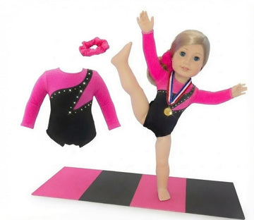 18 Inch Pink American Doll Gymnastics Set - 4PC Leotard Mat Medal & Hair Tie