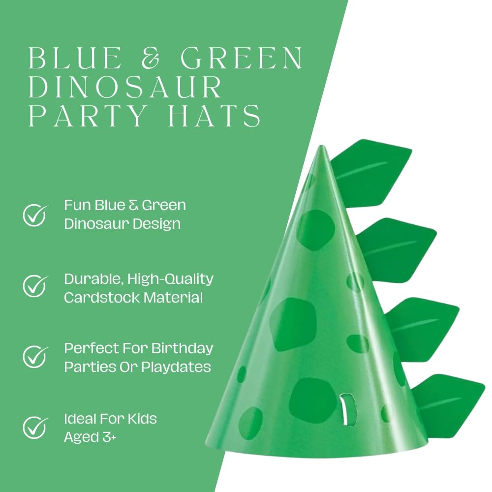 Unique Green Cone-Shaped Dinosaur Cardstock Party Hats (Pack of 8) - Perfect for Kids' Birthdays & Dino-Themed Celebrations