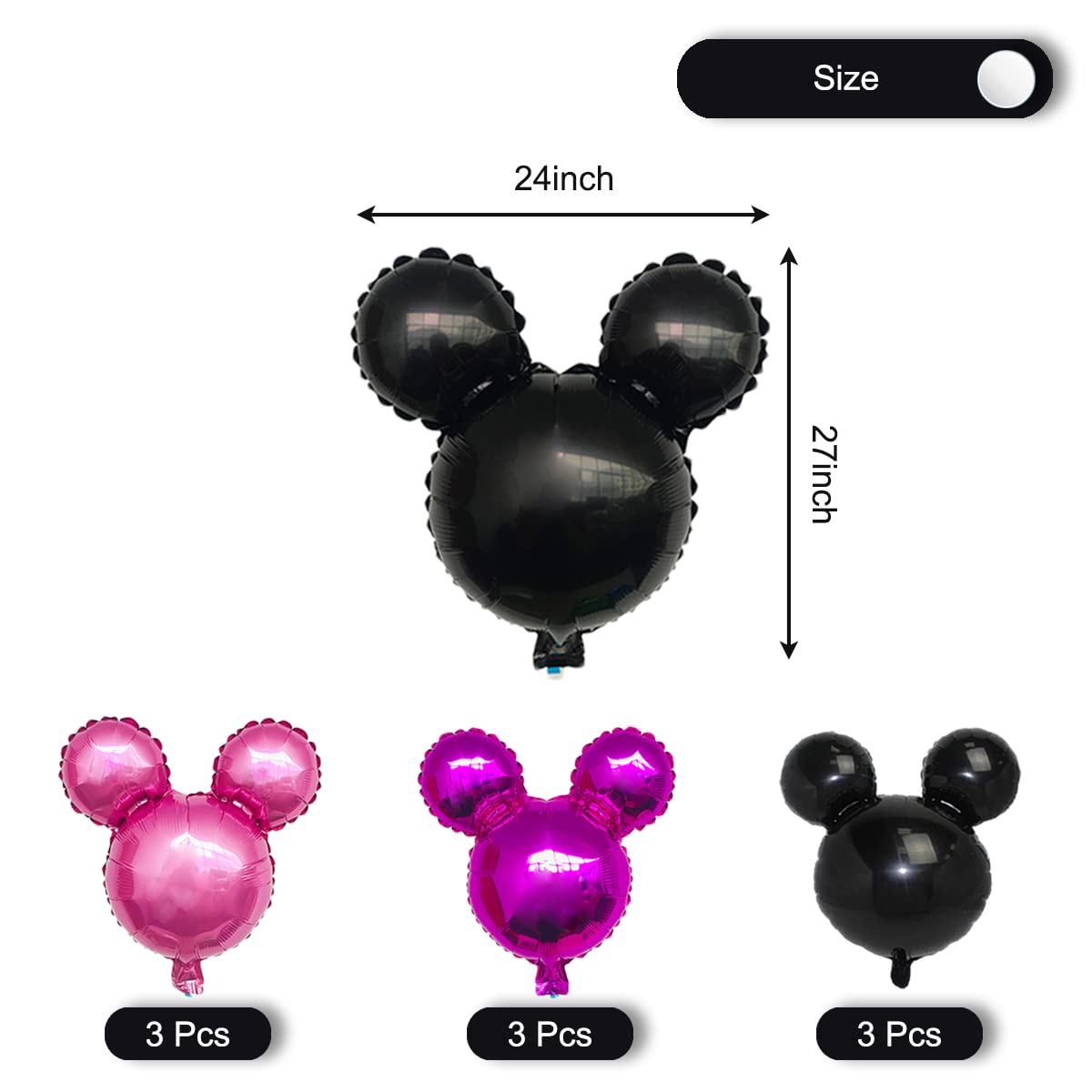 9Pcs Pink Mouse Party Foil Balloons, 27” Black, Rose Red, Pink Balloons, Cartoon Mouse Party, Baby Party, Girl Party, Kids Birthday Theme Party