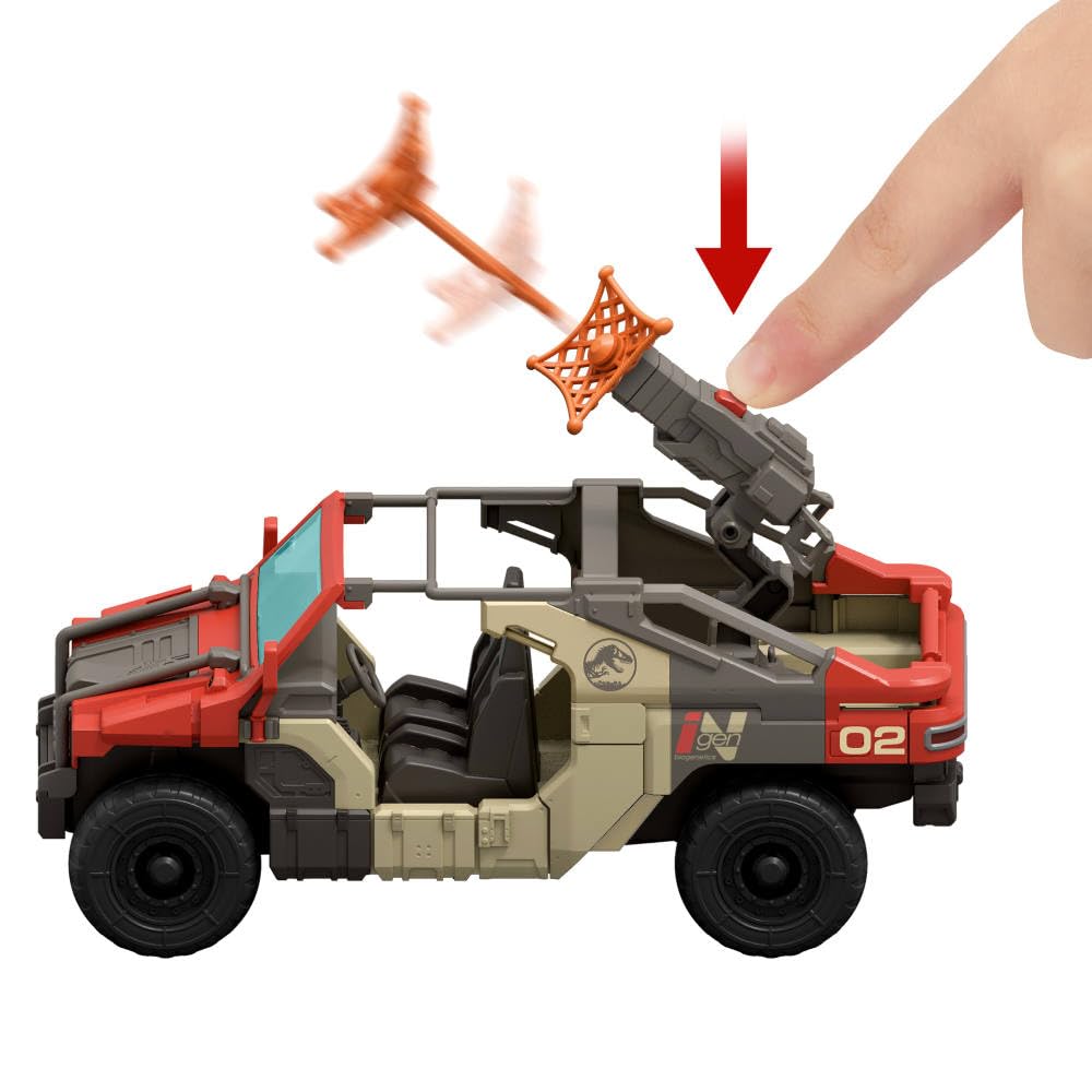Mattel Jurassic World Rebirth Vehicle with 1 Human & 1 Dinosaur Figure, Launch ‘N Battle Truck, Martin Krebs Figure & Raptor, Turret & 2 Projectiles
