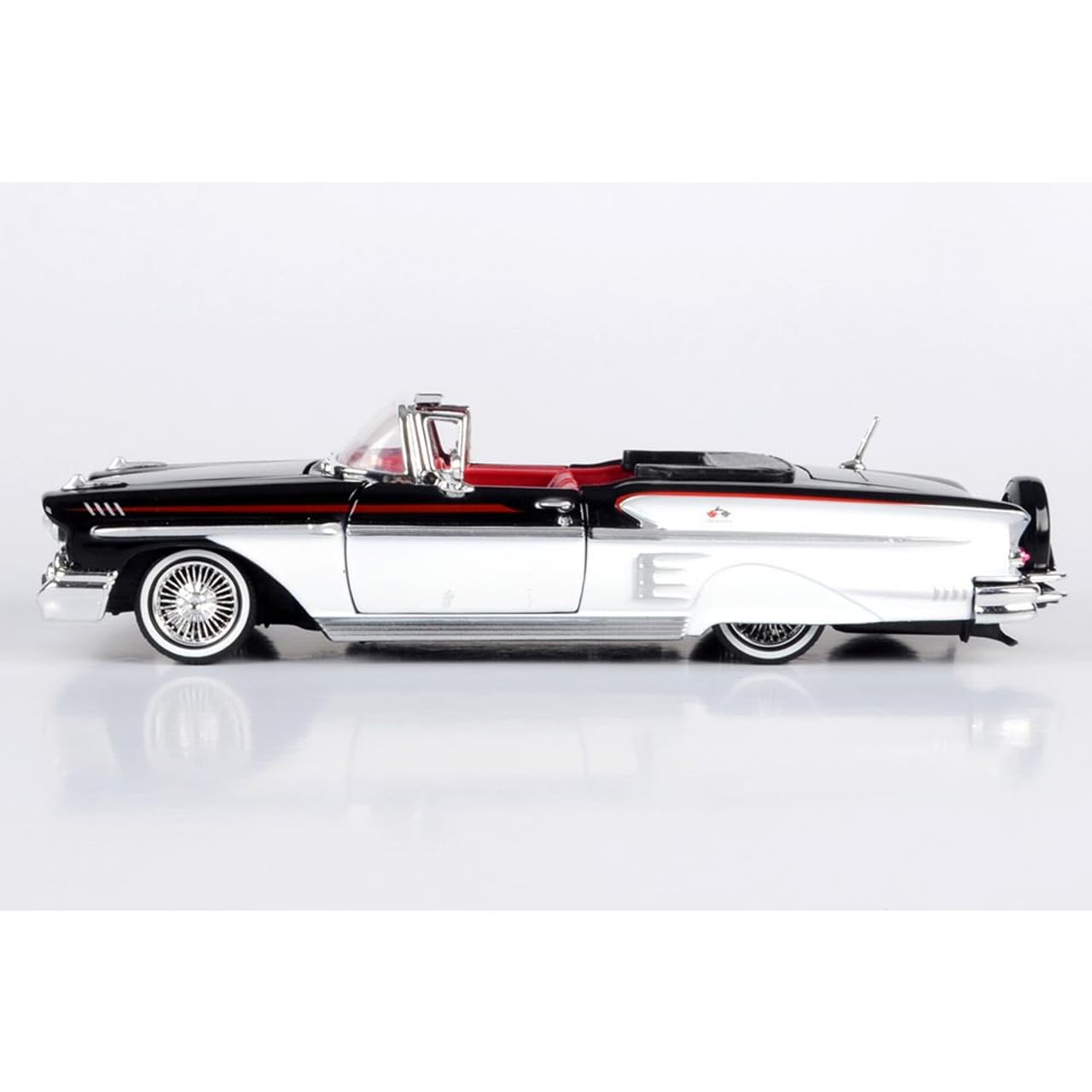 1958 Chevy Impala Convertible Lowrider Black and White with Red Interior Get Low Series 1/24 Diecast Model Car by Motormax 79025 for Unisex Adult